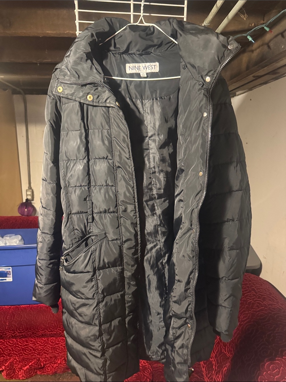 Nine West Black Quilted Long Puffer Jacket with Hood